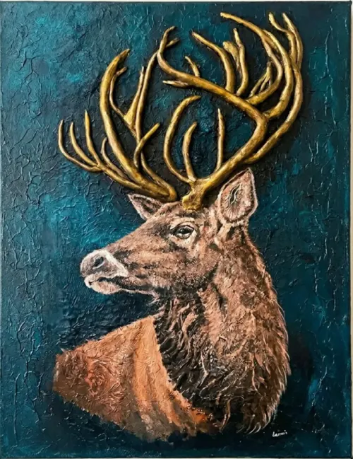 Golden Antlers Deer – Handcrafted Texture Art